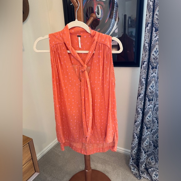 Free People orange and pink tank with tie at neck, size small - Picture 1 of 5